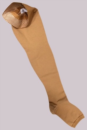 Varicose veins stockings come in a variety of styles and colours.  But generally they are a thicker weave than standard stockings.  A thigh high stay up example.