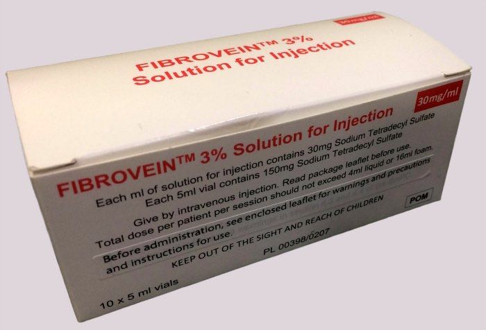 Fibro-vein, with in this case the Fibrovein European version packaged in groups of 5ml 3% strength solutions.