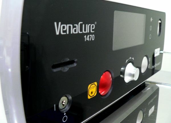 Venacure 1470nm laser facade shown on an angle is used for endovenous laser therapy on less visible segments of damaged veins in varicose vein treatments